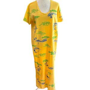 M MAC Butter Yellow with Green Blue Maxi Dress Cotton Size M Island Palms NWOT